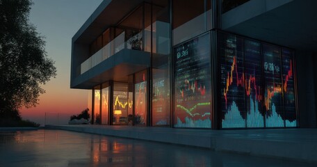 Modern house with financial data displayed on illuminated windows at sunset