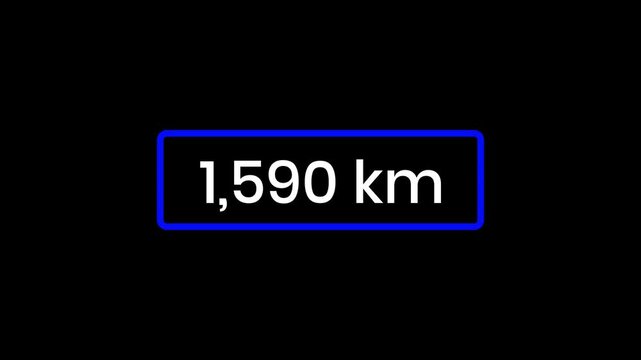 Animated digital distance counter increasing from 1 to 15000 km