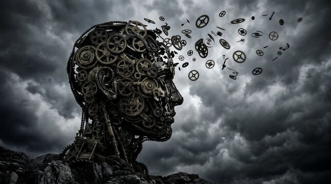 Mechanical human head composed of gears with flying cogs and dark cloudy sky