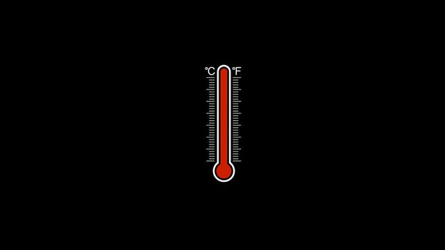 Temperature thermometer icon animation with celcius and fahrenheit indicator. Classic glass thermometer temperature going up, Thermometer cooling animation on 4K alpha channel transparent background