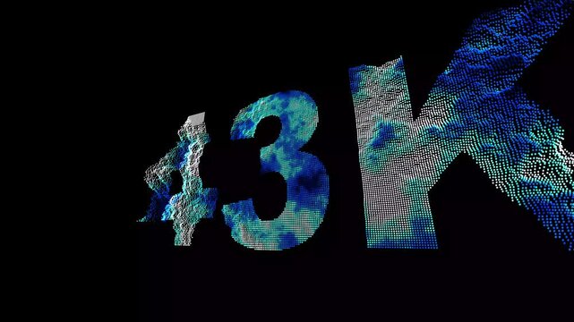 3 D rendering of glowing blue and white particles forming a 42k to 43K text on black background with futuristic neon effect