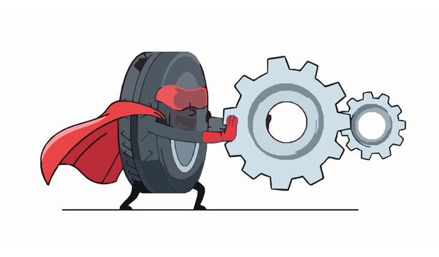Cartoon tire pushing gear determination playful vector illustration
