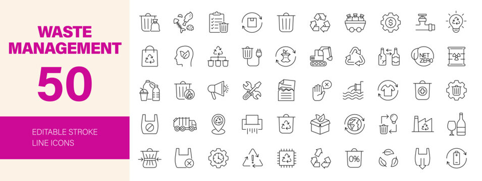 Waste management icon set. Editable line icons. Vector illustration.