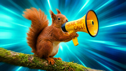 Fototapeta premium A charming red squirrel, perched on a mossy branch, intently holds a vibrant yellow megaphone displaying the bold, urgent message 