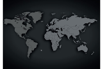 Fototapeta premium Dark Grey World Map with Precise National Borders and Drop Shadow on Gradient Black Background