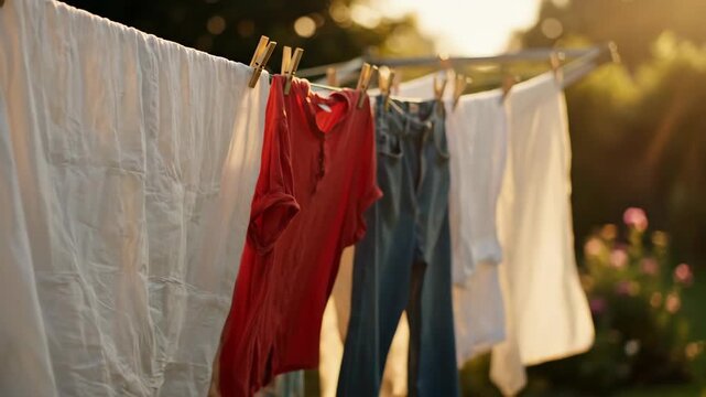 Clothes drying on a clothesline in the sunlit garden featuring a crisp white sheet red t-shirt and denim jeans