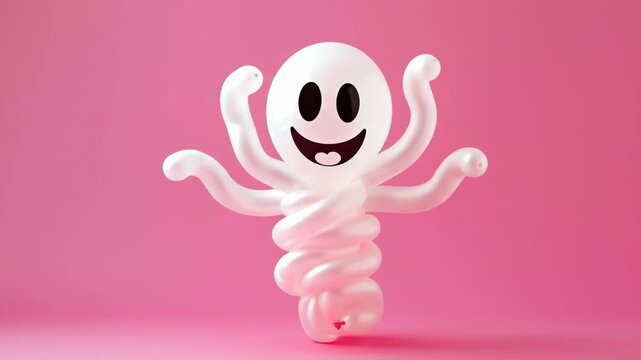 Amusing white balloon phantom figure posing on a bright pink backdrop. This playful smiling spirit brings joyful humor and festive charm to any spooky celebration.