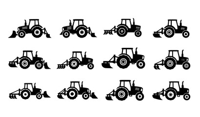Naklejka premium Tractor silhouette icon set with plow agriculture vector collection