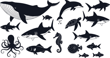 Obraz premium Marine animals silhouette collection with whale, dolphin, fish and octopus, ocean wildlife icons set for underwater design, sea life concept and aquatic illustration graphics