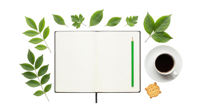 Open notebook with a green pencil resting on pages surrounded by fresh green leaves and coffee