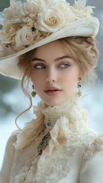 Elegant Victorian era lady, serene gaze, wearing a beautiful ivory lace gown with high ruffled collar. Ornate brooch, delicate earrings, wide brim hat with soft fabric rose details