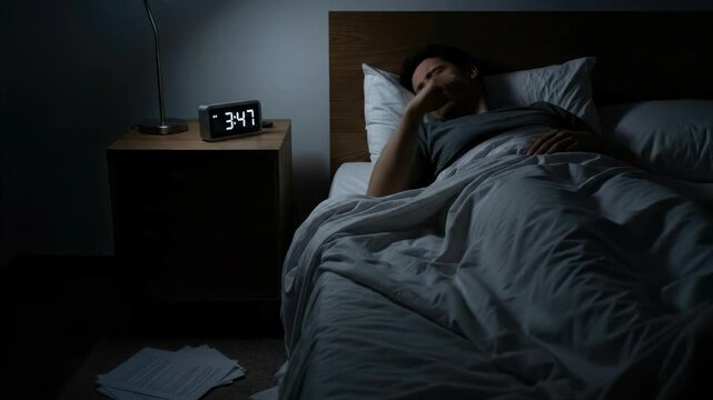 Man battling insomnia, sleeplessness, restless wakefulness, nocturnal arousal, experiencing profound exhaustion, fatigue, sleep disturbance in a dark bedroom