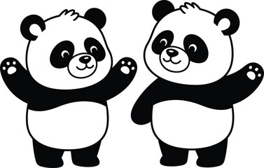 Obraz premium Cute panda cartoon illustration set with adorable bear characters waving, black and white animal design for kids, nursery decor, playful mascot and friendly wildlife graphicsCute panda cartoon 