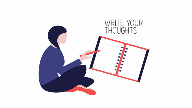 Thoughtful person writing, journaling, notebook illustration, inspirational quote