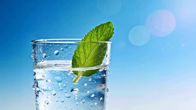 Glass of water with mint leaf