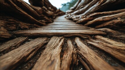 Fototapeta premium Wooden walkway through textured environment with natural patterns and textures