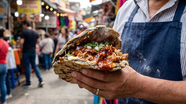Thick Corn Gordita Stuffed with Succulent Chicharron Prensado and Salsa