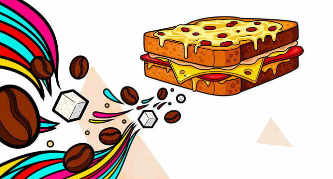A vibrant and engaging cartoon-style illustration showcasing a deliciously gooey grilled cheese sandwich generously topped with melted cheese and pepperoni, dynamically accompanied by swirling coffee