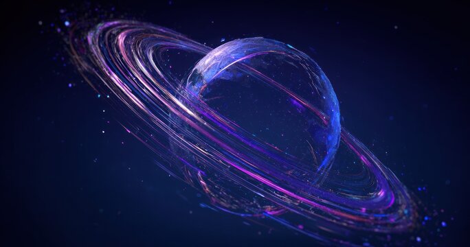 Abstract illustration of a planet with swirling rings against a dark background