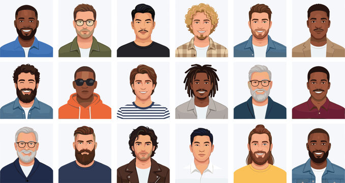 Diverse Male Avatar Collection Vector Illustration Featuring Different Hairstyles Ethnicities and Facial Expressions for User Profile Icons Social Media and Character Design