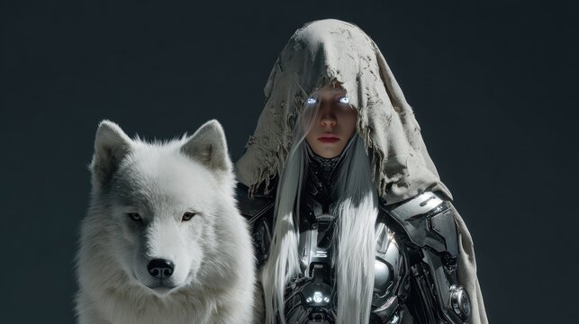 Woman with wolf fantasy portrait in dramatic lighting and dark atmosphere