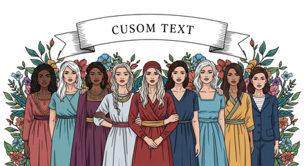 Obraz premium Diverse group of women in colorful ancient inspired dresses standing together with floral background and custom text banner