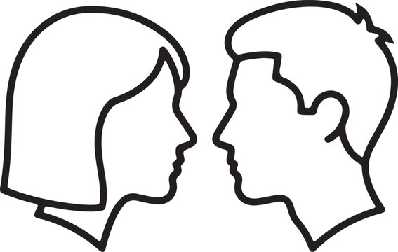 A clean black line art vector illustration featuring the side profile outlines of a male and female head facing each other on a white background.