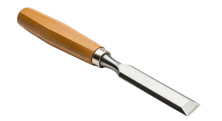 Fototapeta premium A sharp steel wood chisel featuring a polished metal blade and a sturdy light brown wooden handle