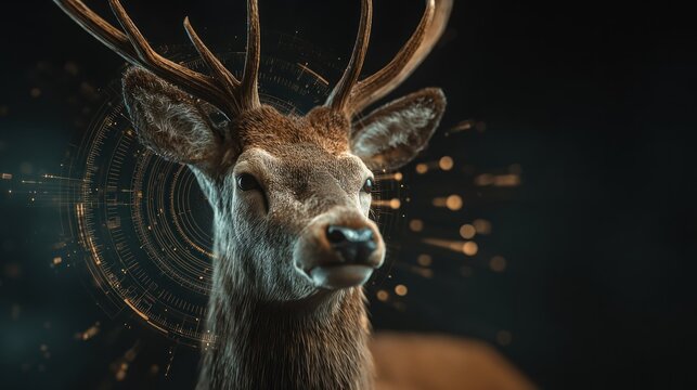 Majestic stag portrait against dark background with abstract elements