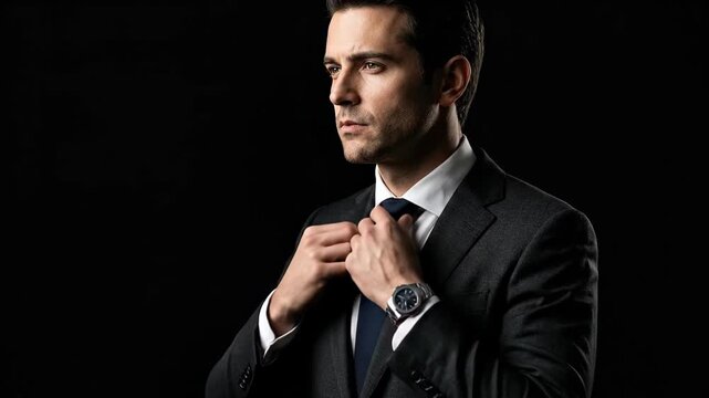 A confident businessman in a suit standing alone in a dark room for a corporate video
