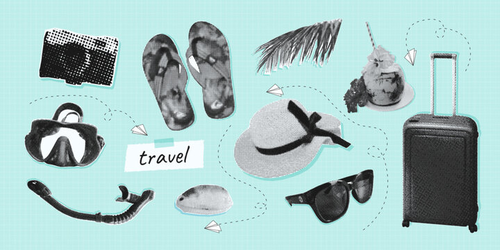 Retro nautical travel collage halftone set with camera, snorkeling mask, flip flops, hat, sunglasses, coconut drink, palm leaf and more. Tropical vacation vector illustration