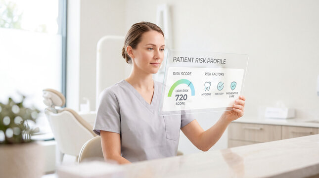 Dental professional examines a virtual patient risk profile with score and oral health factors on a transparent screen in a modern clinic.