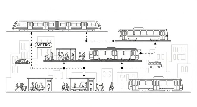 Architectural drawing of a modern transportation hub with trains and buses.