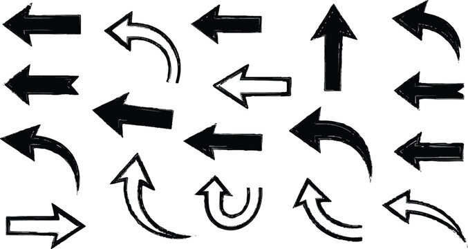 A versatile collection of black arrow icons featuring a mix of solid fills and clean outlines. The set includes diverse styles such as thick block arrows, curved swooshes, U-turns, and pointers.