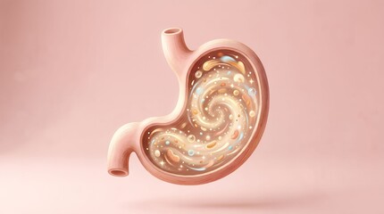 Fototapeta premium Creative visualization of human stomach with swirling abstract design inside on soft pink background