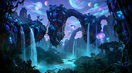 Obraz premium Mystical glowing alien forest with giant stone structures, bioluminescent fog and floating jellyfish lights at dusk