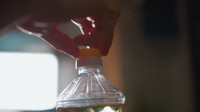 Domestic kitchen scene focusing on sealing object. Closeup of hand sealing oil bottle during home food preparation. Person carefully sealing oil bottle in cozy kitchen preparing meal