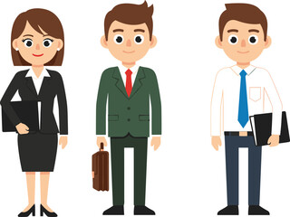 Fototapeta premium Cartoon business professionals standing together in formal corporate attire, diverse male and female characters holding folders and briefcases, teamwork, career success, office workplace illustration