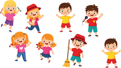 Fototapeta premium Cute Kids Cartoon Character Set Featuring Happy Children Playing, Singing, Cleaning, and Dancing in Fun Activities for Colorful Vector Illustration Design.