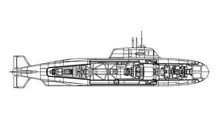 Submarine Top View Blueprint Technical Drawing Naval Vessel Vector Illustration © Sapumal