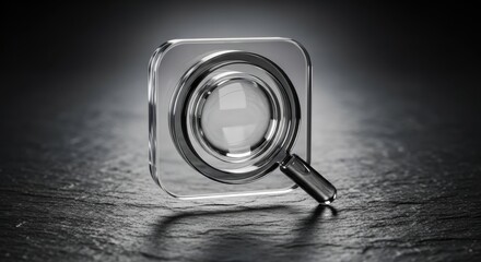 Glossy digital search icon rendered in three dimensions rests upon a dark textured surface.