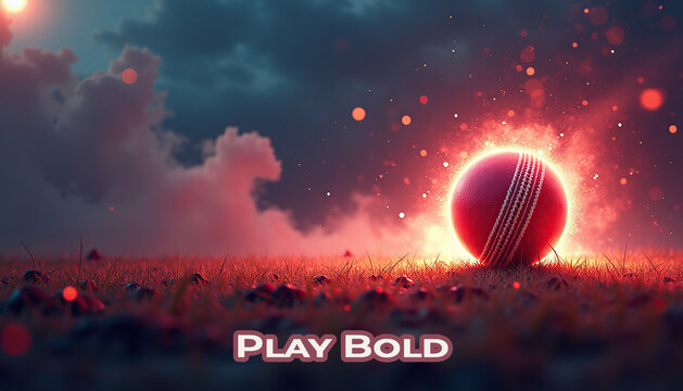 Cricket ball with glowing effect on grass field at sunset, vibrant and dynamic mood, sports theme