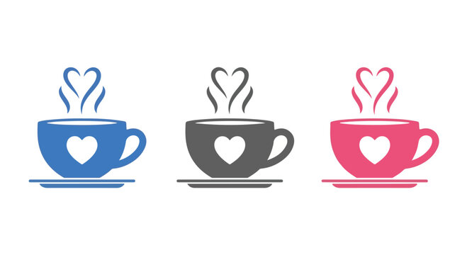 Three steaming cups of coffee or tea with heart symbols and steam forming hearts, presented in blue, gray, and pink