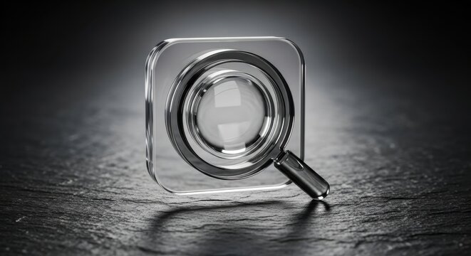 Glossy digital search icon rendered in three dimensions rests upon a dark textured surface.