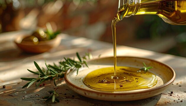 Olive Oil Pouring into Plate with Rosemary
