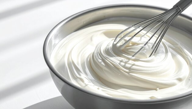 Whipped Cream in Bowl with Whisk Closeup