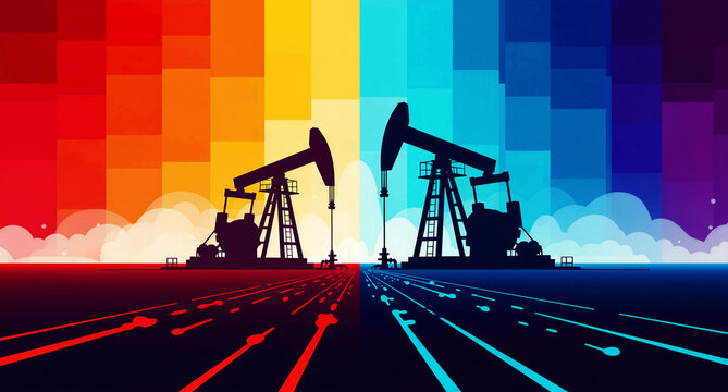 Striking silhouette of two oil pump jacks dominates a vividly colored, split spectrum digital landscape illustration