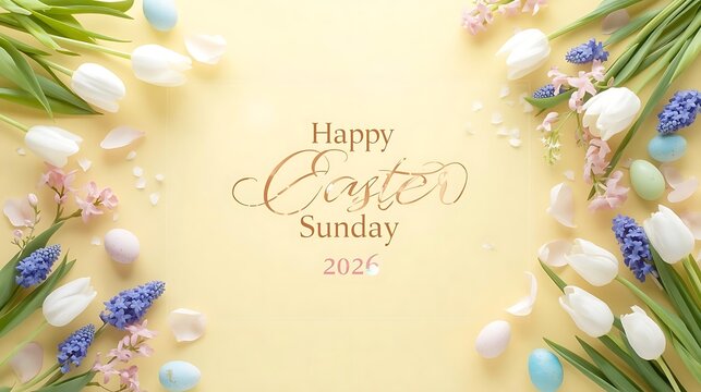 Happy easter sunday 2025 spring floral greeting with tulips and hyacinths with easter eggs