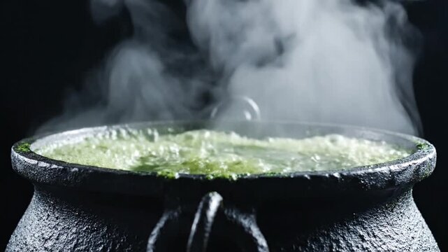 Steaming black cauldron over a crackling flame holds a bubbling neon-green soup, wisps curling glow