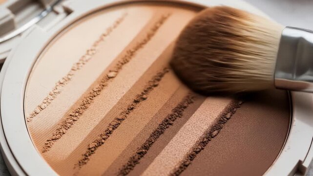 A makeup brush rests on a multi-toned powder compact with visible swatches